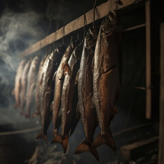 Smoked fish hanging in a smokehouse, capturing the art of traditional food preservation. Explore culinary heritage through. Generative AI