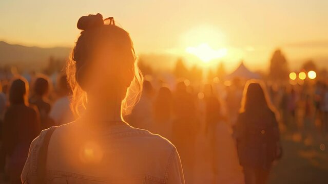 A beautiful sunset over the festival grounds as attendees sway and sing along to a soulful acoustic performance.