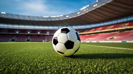 Fototapeta premium Close-up of a soccer ball on the pitch of a large stadium, stands empty, focusing on the anticipation of the upcoming game.