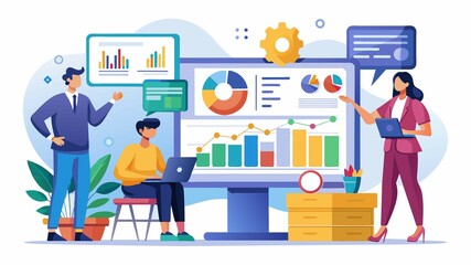 Business partners work together, analyzing web reports and financial information to make informed collaborative investment decisions.