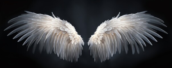 A pair of white angel wings with dark background