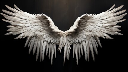 A pair of realistic angel wings with white feathers outspread against a black background.