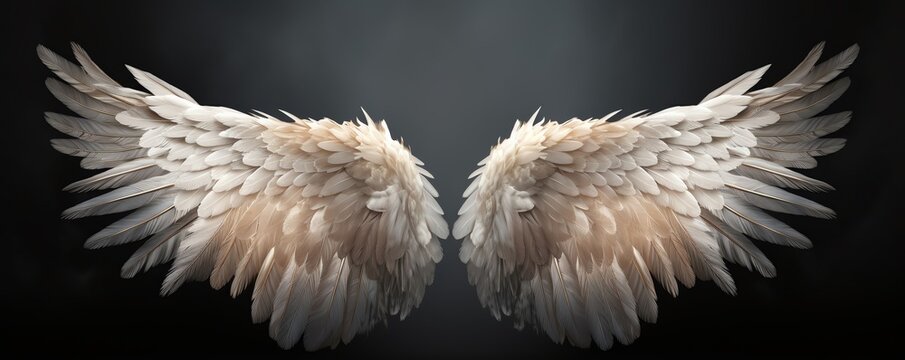 A pair of realistic angel wings with dark background.