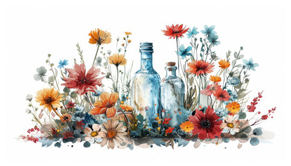 Glass Bottles with Colorful Wildflowers Illustration