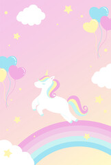 vector background with a unicorn, rainbow and balloons in cloudy sky for banners, cards, flyers, social media wallpapers, etc.