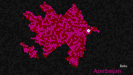 A map of Azerbaijan is presented as a mosaic with a dark background, and the country's borders are outlined in the shape of a colorful mosaic, centered around the capital city.