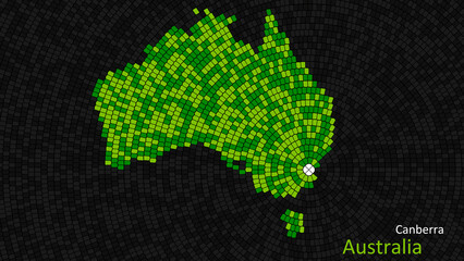 A map of Australia is presented as a mosaic with a dark background, and the country's borders are outlined in the shape of a colorful mosaic, centered around the capital city.
