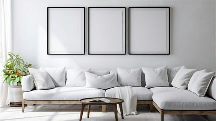 Mock Up three Poster Frame on the wall in minimalist interior living room with white couch, luxury interior, 3d interior illustration.
