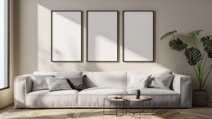 Mock Up three Poster Frame on the wall in minimalist interior living room with white couch, luxury interior, 3d interior illustration.