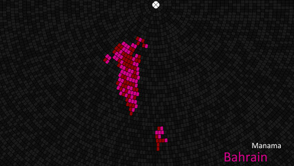 A map of Bahrain is presented as a mosaic with a dark background, and the country's borders are outlined in the shape of a colorful mosaic, centered around the capital city.