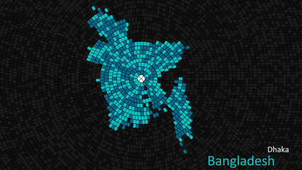 A map of Bangladesh is presented as a mosaic with a dark background, and the country's borders are outlined in the shape of a colorful mosaic, centered around the capital city.