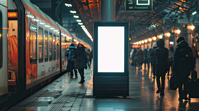Mockup. Lightbox vertical billboard with blank digital screen on a train station. white blank poster advertisement Public information boards stand at stations in front of people and trains.