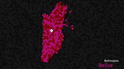 A map of Belize is presented as a mosaic with a dark background, and the country's borders are outlined in the shape of a colorful mosaic, centered around the capital city.