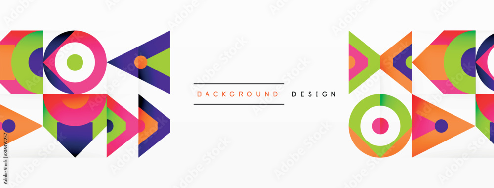 Poster An eclectic mix of rectangular, triangular, and circular shapes in electric blue and magenta create a vibrant art pattern with symmetry, perfect for a modern logo design