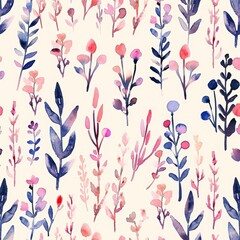 Watercolor seamless pattern with cute, abstract plant motifs, designed for textile and fabric use, emphasizing a fun, environmental theme