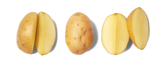 Raw new yellow potatoes row banner isolated on white background. Creative layout. Vegetarian eating and dieting food composition. Design element. Top view, flat lay
