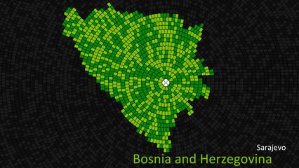 A map of Bosnia and Herzegovina is presented as a mosaic with a dark background, and the country's borders are outlined in the shape of a colorful mosaic, centered around the capital city.
