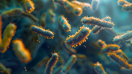 Fototapeta premium Lots of rod-shaped bacteria under the microscope. The concept of finding a cure for new viruses