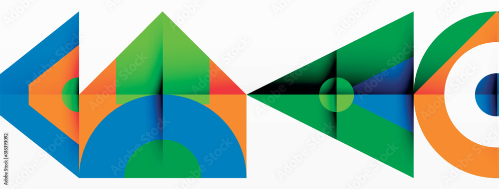 Poster a vibrant logo featuring colorful triangles and circles on a white background. the design combines p