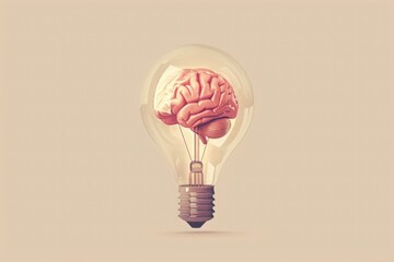 Light bulb with brain inside vector illustration on beige background, concept of creative idea and innovation , Isolated on pastel background
