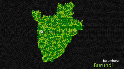 A map of Burundi is presented as a mosaic with a dark background, and the country's borders are outlined in the shape of a colorful mosaic, centered around the capital city.
