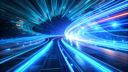 Blue light trails data transfer speed and digitization concept