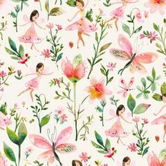 Whimsical watercolor seamless pattern with tiny fairies and vibrant flowers, rendered in shades of pink and green, ideal for eco-friendly baby backgrounds