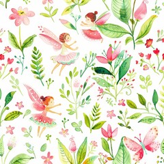 Whimsical watercolor seamless pattern with tiny fairies and vibrant flowers, rendered in shades of pink and green, ideal for eco-friendly baby backgrounds