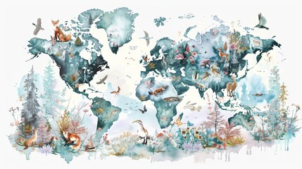 Whimsical watercolor world map, continents outlined and filled with characteristic fauna and flora, from Arctic foxes to Amazonian orchids