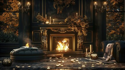 A dark, enchanted forest with a glowing fireplace, where someone reads a book of Halloween magic