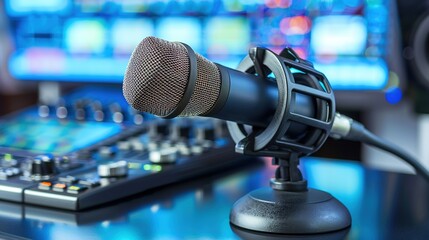 A close-up photo of a retro microphone at a concert. Aesthetic attractive background. Generative AI