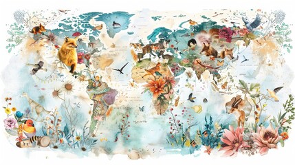 Whimsical watercolor world map, continents outlined and filled with characteristic fauna and flora, from Arctic foxes to Amazonian orchids