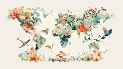 Whimsical watercolor world map, continents outlined and filled with characteristic fauna and flora, from Arctic foxes to Amazonian orchids