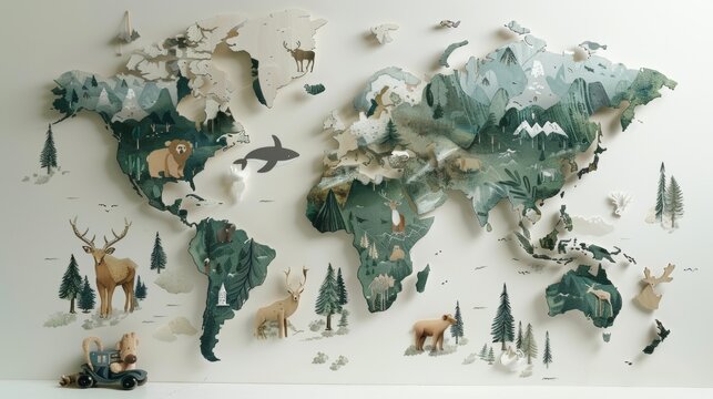 Fototapeta Whimsical world map with animals like a koala in Australia and a moose in Canada, blended with green forests and snowy mountains for a kids' room