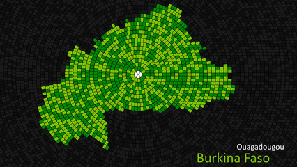 A map of Burkina Faso is presented as a mosaic with a dark background, and the country's borders are outlined in the shape of a colorful mosaic, centered around the capital city.