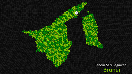 A map of Brunei is presented as a mosaic with a dark background, and the country's borders are outlined in the shape of a colorful mosaic, centered around the capital city.