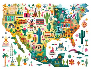 Illustrations depicting grapes, corn, cacti, and maps, Mexican specialties