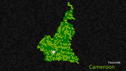 A map of Cameroon is presented as a mosaic with a dark background, and the country's borders are outlined in the shape of a colorful mosaic, centered around the capital city.