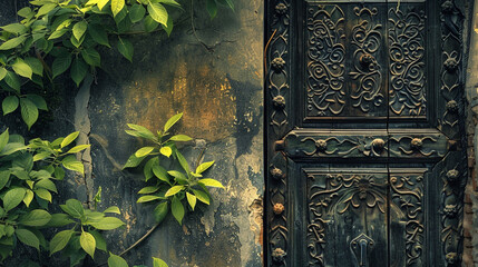old wooden door with flowers