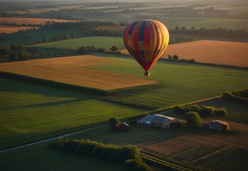 hot air balloons over a patchwork of farmland, generative AI - Powered by Adobe