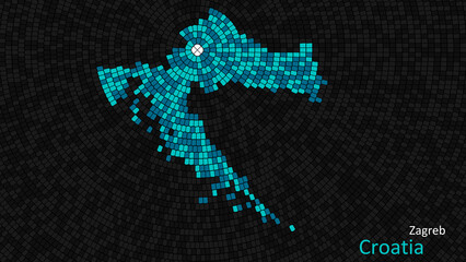 A map of Croatia is presented as a mosaic with a dark background, and the country's borders are outlined in the shape of a colorful mosaic, centered around the capital city.