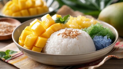Delicious Thai Dessert: Mango Sticky Rice (Khao Niew Mamuang) Showcasing Exotic Flavors and Sweet Culinary Delight