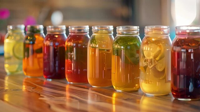 A row of mason jars filled with a variety of homemade nonalcoholic shrubs a flad vinegarbased beverage await a taste test by a curious group of friends.