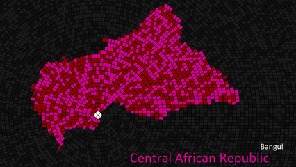 Obraz premium A map of Central African Republic is presented as a mosaic with a dark background, and the country's borders are outlined in the shape of a colorful mosaic, centered around the capital city.