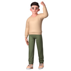 Fototapeta premium Man character posing with left hand raised above his head, 3D Character Illustration