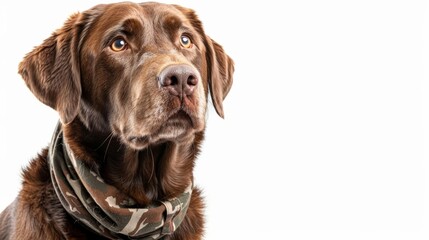 A Chesapeake Bay Retriever with a camouflage bandana, sitting alert, isolated on a white background