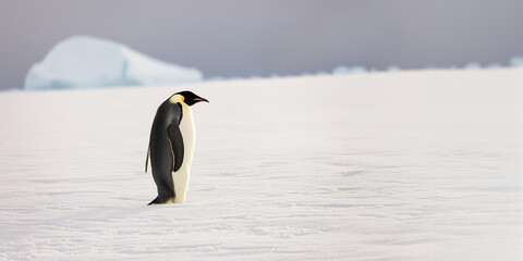 Emperor penguin, walking alone across the expansive white ice caps of the Antarctic.
