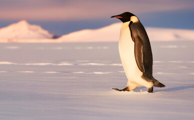 Obraz premium Emperor penguin, walking alone in the snow across the vast white Antarctic.