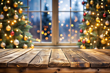 Christmas background with light spots, bokeh window and wooden tabletop