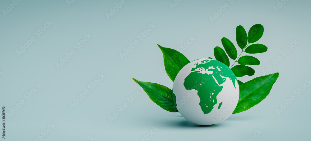 Poster eco friendly concept background with globe and leaves. 3d rendering